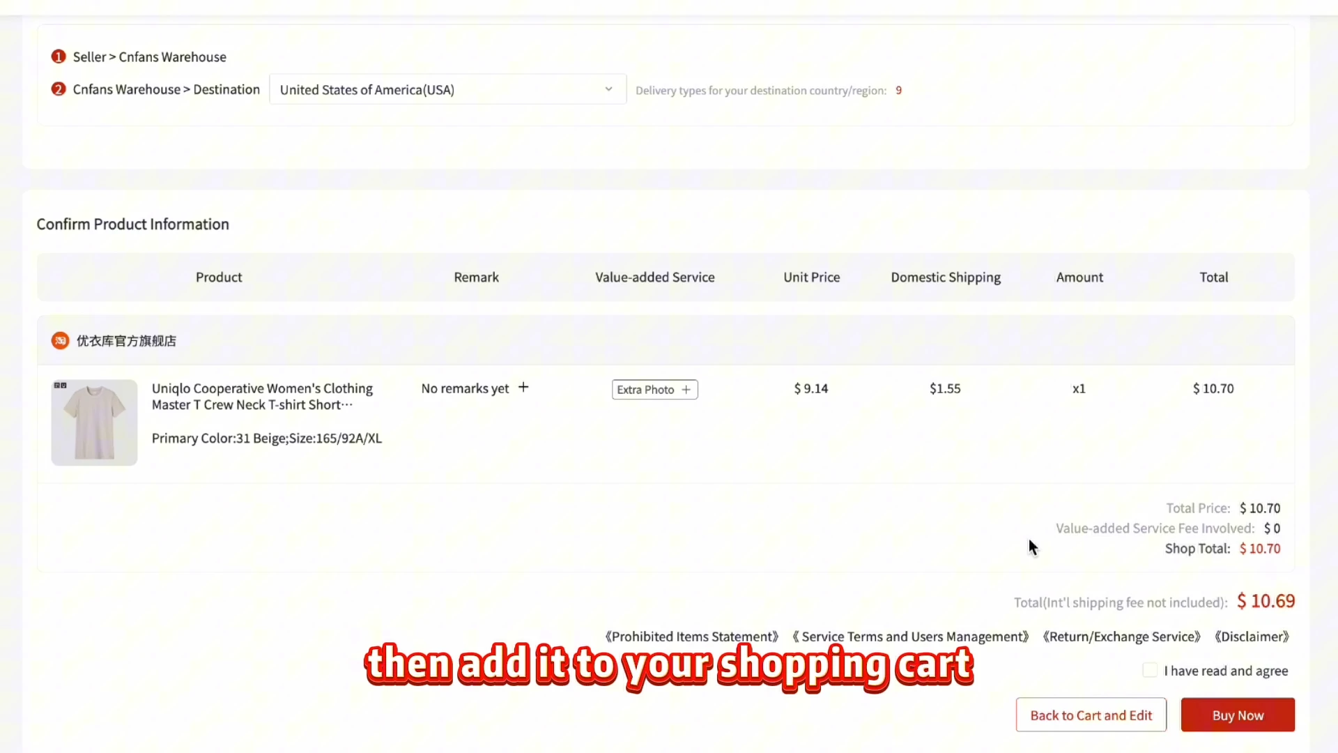 CNFans-Bestellübersicht mit Option, Menge, Bemerkung, Inlandsversand und Buy Now