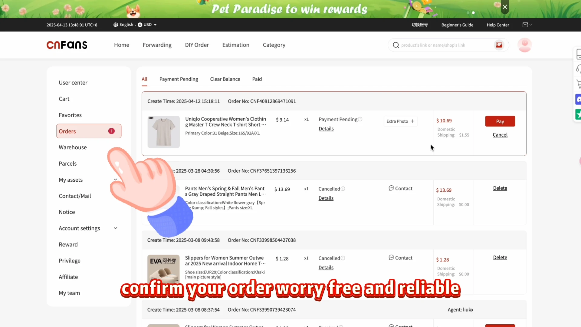 CNFans-Orders-Liste mit den Beispielstatus Payment Pending und Cancelled