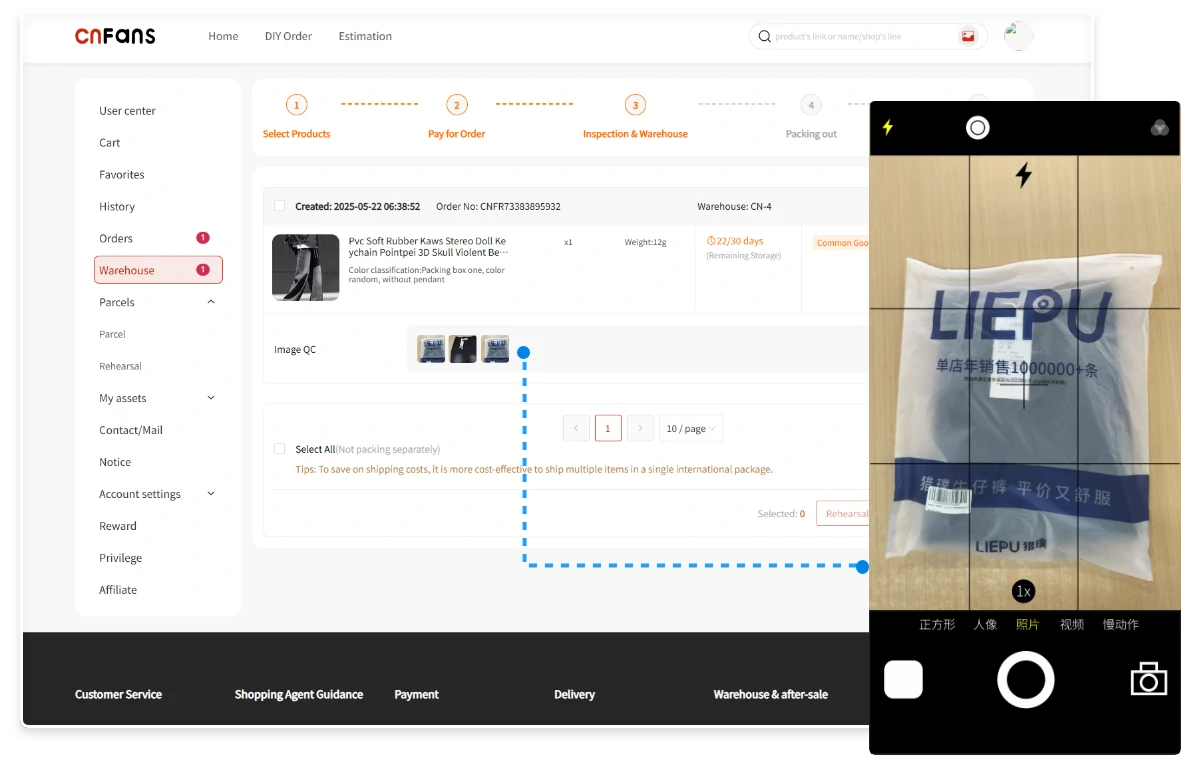 CNFans Warehouse mit Image QC und eingesetztem Beispielfoto