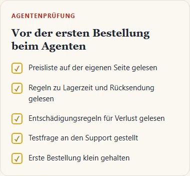 Gezeichnete Prüfliste für Einkaufsagenten: Preisliste, Lagerregeln, Entschädigung, Support-Test, kleine erste Bestellung.