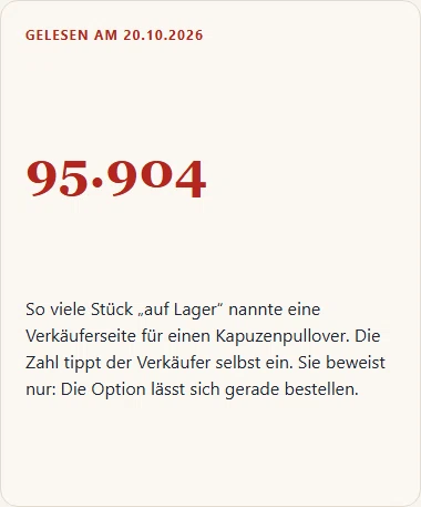 Gezeichnete Merkkarte mit der Bestandszahl 95.904 von einer Verkäuferseite und dem Hinweis, dass Verkäufer solche Zahlen selbst eintragen.