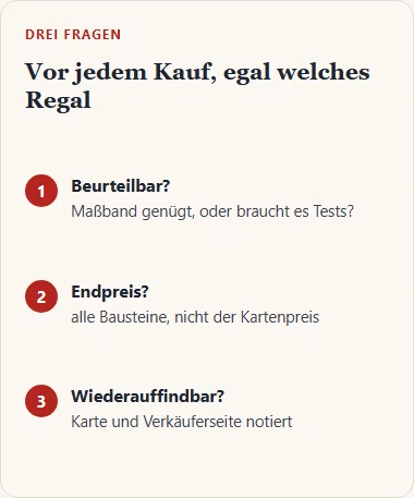 Gezeichnete drei Fragen vor jedem Kauf: Ist die Ware beurteilbar, was ist der Endpreis, ist sie wiederauffindbar.