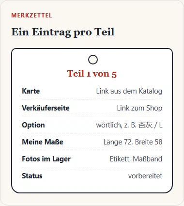 Gezeichneter Merkzettel für ein einzelnes Teil mit Feldern für Karte, Verkäuferseite, Option, eigene Maße, gewünschte Fotos und Status.