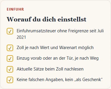 Gezeichnete Liste mit fünf Punkten zur Einfuhr nach Deutschland, von der Einfuhrumsatzsteuer bis zum Verzicht auf falsche Angaben.