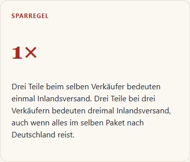 Gezeichnete Merkkarte: einmal statt dreimal Inlandsversand, wenn mehrere Teile beim selben Verkäufer bestellt werden.