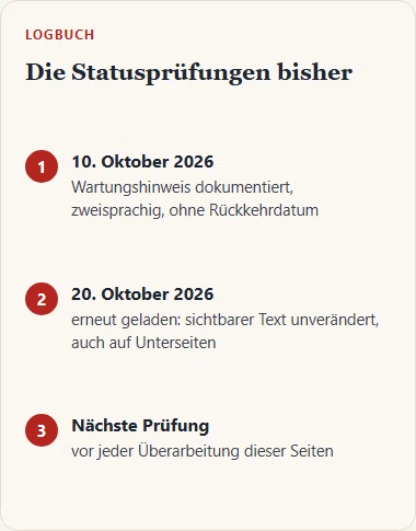 Gezeichnetes Logbuch der Statusprüfungen von cnfans.com am 10. und 20. Oktober 2026 mit unverändertem Wartungshinweis.