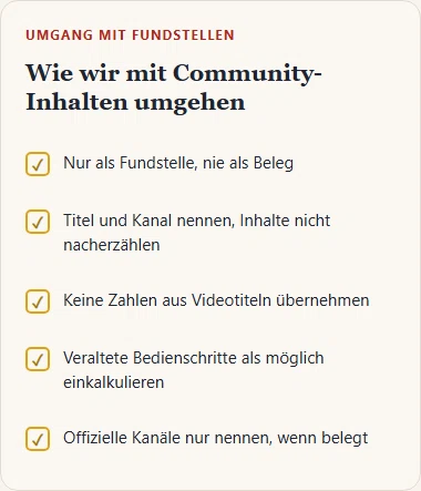 Gezeichnete Grundsätze zum Umgang mit Community-Videos: Fundstelle statt Beleg, keine Zahlen aus Titeln, Vorsicht bei veralteten Schritten.