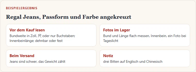 Gezeichnetes Beispielergebnis der Prüfliste für eine Jeans mit vier Blöcken: vor dem Kauf lesen, Fotos im Lager, Versand, Notiz.