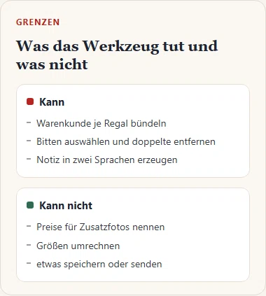 Gezeichnete Gegenüberstellung: links, was die Prüfliste kann, rechts, was sie nicht kann.