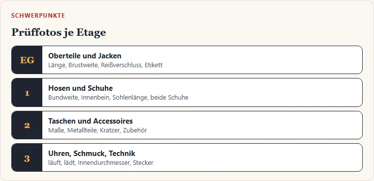 Gezeichneter Etagenplan mit den Schwerpunkten der Prüffotos für jede der vier Etagen.