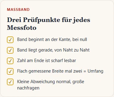 Gezeichnete Prüfliste für Messfotos: Band beginnt bei null, liegt gerade, Zahl lesbar, Breite mal zwei ergibt Umfang.