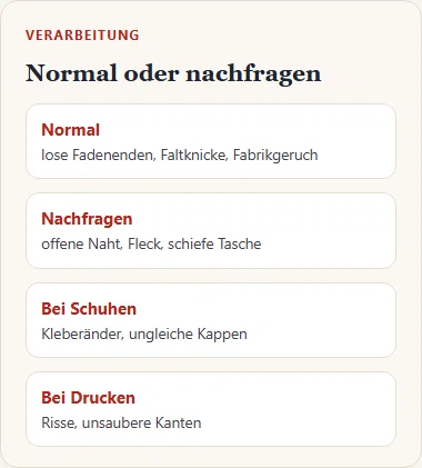 Gezeichnete Übersicht: was auf Prüffotos normal ist und wann man nachfragen sollte, mit Hinweisen zu Schuhen und Drucken.