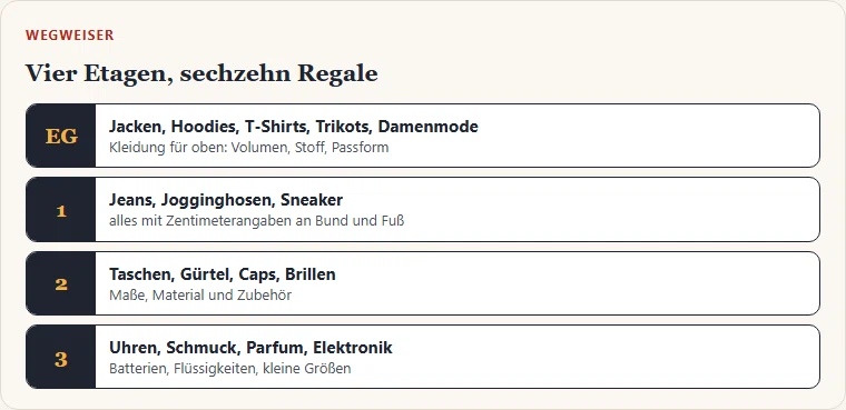 Gezeichneter Wegweiser mit vier Etagen und den sechzehn Regalen des Katalogs.
