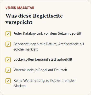 Gezeichnete Liste mit fünf Grundsätzen dieser Seite, von geprüften Links bis zu offen benannten Lücken.