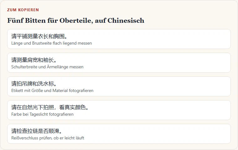 Gezeichnete Karte mit fünf chinesischen Sätzen und deutscher Übersetzung, etwa die Bitte, Länge und Brustweite flach liegend zu messen.