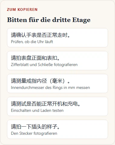 Gezeichnete Karte mit fünf chinesischen Bitten für Uhren, Schmuck und Elektronik, jeweils mit deutscher Übersetzung.