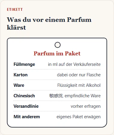 Gezeichnetes Etikett mit sechs Punkten, die vor dem Kauf eines Parfums zu klären sind, von Füllmenge bis Versandlinie.