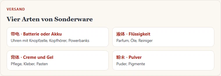 Gezeichnete Übersicht mit vier Arten von Sonderware im Versand: Batterie oder Akku, Flüssigkeit, Creme und Gel, Pulver.