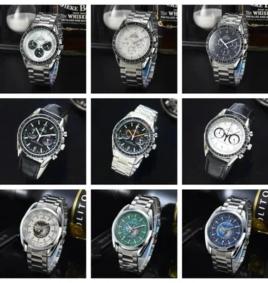 Neun Armbanduhren mit Metallarmband und Chronographen-Zifferblättern in Weiß, Schwarz, Grün und Blau als Raster