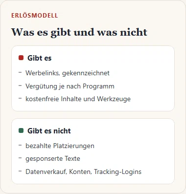 Gezeichnete Gegenüberstellung des Erlösmodells: Werbelinks ja, bezahlte Platzierungen und Datenverkauf nein.