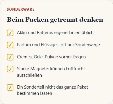 Gezeichnete Liste zu Sonderware im Versand: Akkus, Flüssigkeiten, Cremes, Pulver und Magnete brauchen eigene Wege.