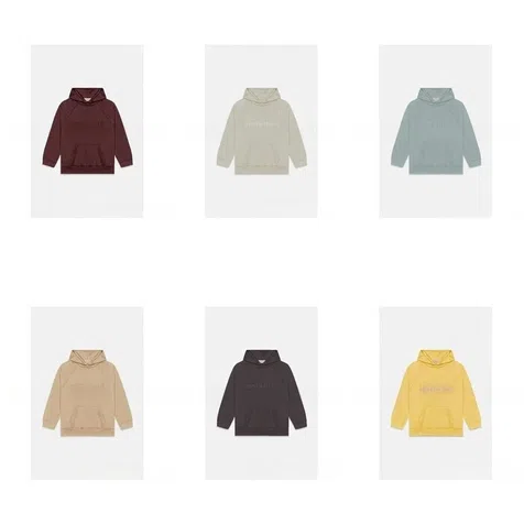 Sechs schlichte Kapuzenpullover in Weinrot, Beige, Graublau, Sand, Dunkelbraun und Gelb